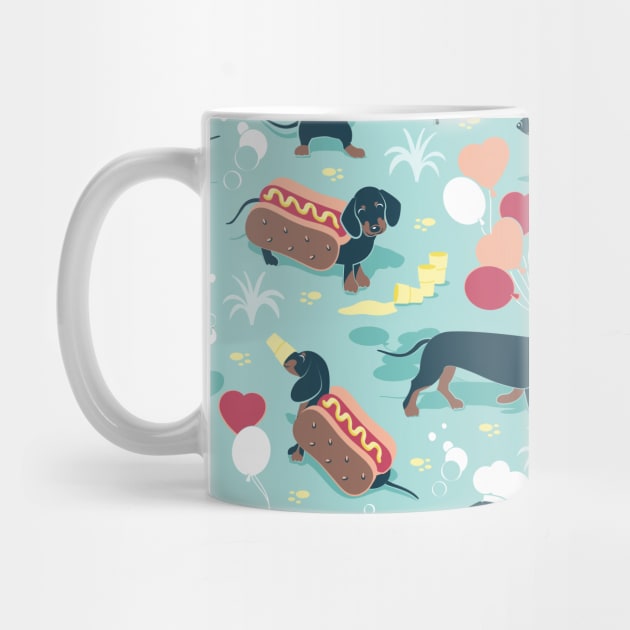 Hot dogs and lemonade // pattern // aqua green background navy and brown dachshunds by SelmaCardoso